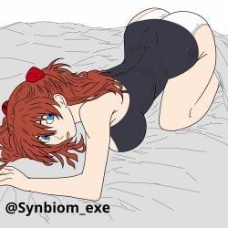 ass_up asuka_(eva) asuka_langley_sohryu bedroom big_ass black_bodysuit blue_eyes blush crawling diaper hair_ornaments lineart looking_back neon_genesis_evangelion nsfw on_bed plugsuit red_hair sketch smile solo_female synbiom.exe thick_thighs tight_clothes white_diaper