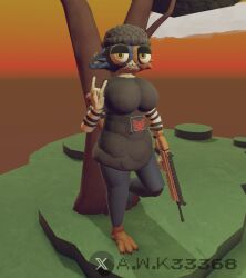 1girls 3d 3d_(artwork) :3 arm_sleeves awk33368_(artist) beanie big_breasts clothed ear_piercing feline female female_focus female_only fortnite fortnite_scar furry furry_only holding_weapon jeans leaning_on_object lidded_eyes meow_skulls_(fortnite) rec_room relaxed sign_of_the_horns standing t-shirt tree