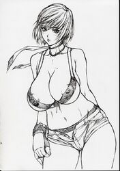 areola breasts cleavage curvy fingerless_gloves gloves highres huge_breasts inoue_takuya midriff mole monochrome nipples panties puffy_nipples reiko_hinomoto rumble_roses scarf short_hair underwear