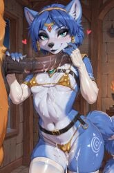 ai_generated animal_genitalia animal_penis anthro armwear balls belt big_penis bikini bikini_top black_lips blue_body blue_eyes blue_fur blue_hair blush bodily_fluids breasts camel_toe canid canine chest_harness claws clothed clothing collar cum cum_on_body cum_on_breasts cum_on_leg cum_on_penis duo elbow_gloves equine_penis eyelashes eyeshadow female fingerless_gloves fox fur genital_fluids genitals gloves gold_(metal) gold_jewelry hair hand_on_penis handwear harness heart hi_res holding_penis humanoid jewelry krystal krystal_(star_fox) larger_male legwear lips looking_at_viewer makeup male male/female mammal mouth_closed navel nintendo nipple_outline penis short_hair size_difference skimpy slim_female small_breasts smile standing star_fox string_bikini sweat sweaty_body swimwear thick_thighs thigh_highs thong thong_bikini touching_penis underwear wide_hips