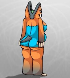 ass back_view belly big_ass big_belly big_breasts blue_dress breasts chubby chubby_female dress eyelashes fat_ass gray_background long_nails matthe my_singing_monsters orange_body tail thick_thighs thighs yooreega(matthe) yooreek