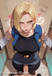 1girls ai_generated android_18 blonde_hair blue_eyes blush clothing dragon_ball dragon_ball_z elvoryn female fetish heart heart_symbol hi_res indoors jacket light_skin male open_mouth penis short_hair standing standing_missionary standing_sex uncensored watermark younger_female