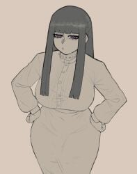 1girls bangs big_breasts blunt_bangs breasts buttons cullieon dress fern_(sousou_no_frieren) frieren_beyond_journey's_end hand_on_hip hands_on_hips large_breasts long_hair long_sleeves looking_at_viewer purple_eyes sidelocks simple_background solo sousou_no_frieren