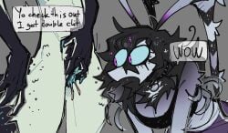 2_clitorises anthro anthro_on_anthro ass black_body breasts btascandalist cleavage clitoris clothed clothing crop_top duo faceless_anthro faceless_character female female/female female_anthro genitals grey_background long_clitoris mammal meme multi_clitoris multi_genitalia open_mouth presenting presenting_clitoris presenting_vulva purple_body shirt shitpost shocked simple_background standing surprised topwear touching_pussy unknown_species vulva