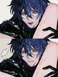 2boys bite_mark bite_mark_on_thigh black_gloves blue_hair blush_stickers chibi chibi_inset cum flins_(genshin_impact) genshin_impact gloves hand_on_another's_thigh illuga_(genshin_impact) kjbb782723 male_focus multiple_boys smile split_screen sweatdrop tongue tongue_out yaoi