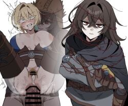 after_vaginal anal aqua_eyes bar_censor barbed_wire bell_bearing_hunter black_cloak blonde_hair boots breasts brown_hair censored clenched_teeth cloak closed_mouth commentary_request cum cum_in_pussy cum_overflow earrings elden_ring elden_ring_nightreign eyes_visible_through_hair female_pubic_hair fromsoftware full_nelson futa_with_female futanari green_eyes hair_between_eyes idzuki_kenkyu-in jewelry large_breasts leg_grab lifting_person long_hair looking_at_viewer looking_up nipples penis pubic_hair pussy red_eyes rolling_eyes sex short_hair simple_background single_earring smile sweat teeth thigh_boots thorns white_background wylder_(nightreign)