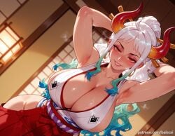 ahoge ai_generated armpits arms_behind_head arms_up balecxi blush cleavage curled_horns dutch_angle female female_only green_hair hair_ornament hair_stick hakama_pants hip_vent huge_breasts indoors japanese_clothes long_hair looking_at_viewer multicolored_hair multicolored_horns one_piece oni orange_eyes patreon_username red_hakama red_horns sideboob sleeveless_kimono smile solo sweat white_hair yamato_(one_piece)