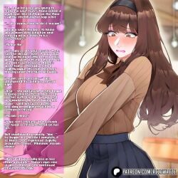 black_skirt blush brown_eyes brown_hair brown_shirt bulge bulge_through_clothing bulge_under_clothes crossdressing crossdressing_(mtf) femboy feminine_faced_male feminine_male feminine_pose feminization feminized_male flush flushed_cheeks flushed_face flustered long_hair mtf_crossgender mtf_transformation rezewreze simple_background sissy sissy_caption sissyfication skirt small_penis