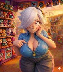 ai_generated baggy_pants bare_arms beautiful_girl big big_ass big_breasts big_chest big_eyes brawl_stars breast_focus cleavage colette_(brawl_stars) female huge_breasts leather_clothing leather_jacket looking_at_viewer nipples_visible_through_clothing official_style pointing_at_self sharp_teeth smile solo_female solo_focus spreading supercell supercell_(company) tight_clothing unzipped_bodysuit unzipped_jacket white_hair wide_hips zipper_down