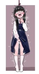 asphyxiation autoerotic_asphyxiation black_hair braid commentary f0g_(rmuh7534) female female_masturbation glasses hanging heart heart-shaped_pupils highres long_hair long_skirt long_sleeves low_twin_braids low_twintails masturbation open_mouth original ribbon rope school_uniform shirt simple_background skirt socks solo standing symbol-shaped_pupils twin_braids twintails twitching white_shirt white_socks