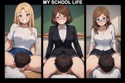 1boy 3girls ai_generated cunnilingus femdom school schoolboy schoolgirl straight student teacher teacher_and_student teacher_female