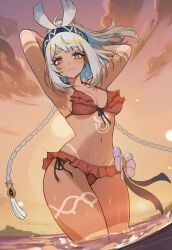 1girls 2d 2d_(artwork) ai ai_art ai_generated arms_behind_head bikini bikini_bottom bikini_top blue_hair clouds female female_focus female_only genshin_impact hoyoverse looking_at_viewer mualani_(genshin_impact) ocean outdoors red_bikini red_bikini_bottom red_bikini_top red_swimsuit sidillusts sky slim_girl smiling smiling_at_viewer solo solo_female solo_focus standing standing_in_water sunset swimsuit two-tone_hair two_piece_swimsuit water white_hair young younger_female