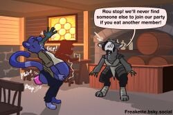 2026 5_fingers ambiguous_gender ambiguous_prey anthro barefoot barrel belly bench big_belly biped black_bottomwear black_clothing black_pants black_text blue_body blue_bottomwear blue_clothing blue_ears blue_fur blue_pants blue_tail bottomwear brown_clothing brown_shirt brown_topwear chair closed_eyes clothed clothing colored_feces day dialogue digitigrade english_text eyewear feces feet fingers freakette fur furniture glasses grey_body grey_fur group gulonine hi_res hyper_feces hyper_scat inside leg_wraps light machine male male_anthro male_pooping male_pred mammal marten mustelid musteline open_clothing open_mouth open_shirt open_topwear oral_vore pants partially_inside pink_feces protogen public public_pooping robe rolled_up_sleeves routaru same_size_vore scat shadow shirt silhouette snout speech_bubble standing sunlight table tail talking_to_another tavern text topwear true_musteline unusual_feces url vore weasel white_clothing white_robe white_shirt white_topwear window wraps