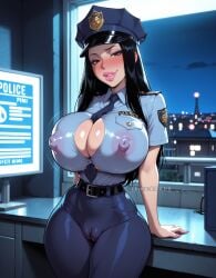 ai_generated bimbo black_hair blush burst bursting_breasts cameltoe fat_mons huge_breasts illustrious_(stable_diffusion) nipple_bulge obviousaddicted police police_uniform policewoman puffy_pussy smirk stable_diffusion uniform