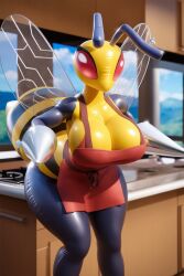 ai_generated anthro, apron, bee, beedrill_(pokemon), big_breasts, black_sclera, breasts, bug_girl, cleavage, cooking, drone, female, huge_breasts, humanoid, inflatable, insect_girl, jeff's_ai_lewds kitchen, latex, latex_apron, latex_clothing, latex_legwear, latex_pants, living_inflatable, monster_girl, navel, nipples, novelai pokemon, pool_toy, red_apron, red_eyes, shiny_skin, solo, standing, stinger, striped_body, wings, yellow_skin