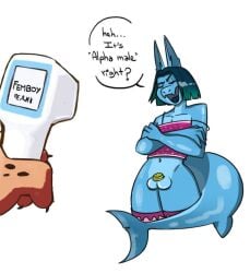 anthro balls chastity_cage chastity_device clothing duo femboy fish genitals hi_res male male/male marine shark speech_bubble tail unknown_artist
