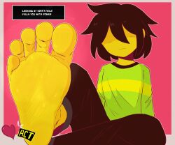 1other 2026 2d ambiguous_gender clothed deltarune digital_media_(artwork) dunceleaf english_text feet feet_fetish fetish hair_between_eyes human kris_(deltarune) nonbinary soul_(deltarune) text twitter_link yellow_body.