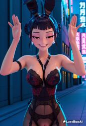 1girls ai_generated animal_ears arm_strap arms_up bare_shoulders between_breasts black_hair blunt_bangs braid breasts collarbone corset cowboy_shot crotchless crotchless_panties double_bun earrings eyeshadow fake_animal_ears female garter_belt grin hair_bun half-closed_eyes hi_res jewelry kpop_demon_hunters lingerie looking_at_viewer lustboxai makeup medium_breasts neon_lights netflix pantyhose playboy_bunny public_indecency pussy rabbit_ears rabbit_pose ring see-through short_hair smile solo sony_pictures_animation sweat underwear zoey_(kpop_demon_hunters)