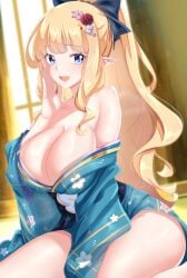 arada_(corsair_zero) bare_shoulders black_bow blonde_hair blue_eyes blue_kimono blunt_bangs bow breasts cleavage collarbone cowboy_shot female floral_print flower hair_flower hair_ornament hairbow hand_on_own_face hand_up japanese_clothes kimono large_breasts long_hair long_sidelocks looking_at_viewer off_shoulder open_mouth pointy_ears ponytail princess_connect! print_kimono saren_(princess_connect!) short_kimono sidelocks sitting smile solo very_long_hair wavy_hair wavy_sidelocks wide_ponytail wide_sleeves