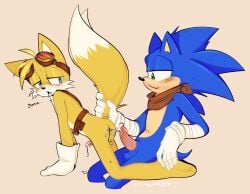 accessory anthro blush blush_lines bodily_fluids canid canine clothing cum duo eulipotyphlan fox genital_fluids gloves handwear hedgehog hi_res honniepie male male/male mammal sega sonic_(series) sonic_boom sonic_the_hedgehog sonic_the_hedgehog_(series) tail tail_grab tails tails_the_fox yellow_body