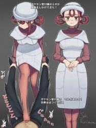 1boy 1girls absurdres closed_mouth commentary_request cum denki_anma dress feet female femdom footjob grabbing_another's_ankle grey_background grey_eyes hair_rings hat highres joi_(pokemon) joi_(pokemon_legends:_z-a) joy_(pokemon) long_sleeves motion_blur multiple_views own_hands_together pantyhose penis pokemon pokemon_legends:_z-a sakitsurumura shirt signature smile stepped_on straight translation_request