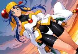 4:3_aspect_ratio 90s ai_generated android audition bandana bare_shoulders blue_hair bodysuit breasts camcorder camera casting_couch cleavage clothing couch curvaceous cute_fang desk diagonal_angle female female_only fingerless_gloves furniture gloves green_eyes indoors interview jewelry large_breasts light-skinned_female light_skin lime_(saber_j) long_hair mirie oerba_yun_fang oldschool on_couch open_mouth presenting presenting_self saber_marionette_j sitting sitting_on_couch skin_tight skindentation solo spandex speech_bubble thick_thighs thighs thong traditional_clothes underwear wafuku waifuhub white_thong white_thong_panties white_underwear wide_hips