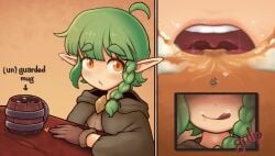 character_request copyright_request cunlel drinking elf elf_ears giantess green_hair mug vore