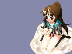 blush brown_eyes brown_hair bukkake cum cum_on_clothes cum_on_floor cum_on_hair cum_pool cumdrip cupping_hands facial highres kyonko long_hair ponytail suzumiya_haruhi_no_yuuutsu tied_hair wet