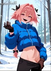 1boy 1femboy ai_generated astolfo_(fate) clothed fate/grand_order fate_(series) femboy light-skinned_male looking_at_viewer male male_only midriff pants_down penis pink_eyes pink_hair smug solo tagme viviai winter