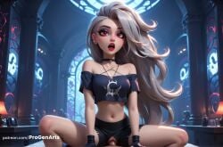 1boy 1boy1girl 1girls ai_generated artist_name bare_shoulders black_choker black_gloves black_shorts breasts candle choker collarbone cowgirl_position crop_top ear_piercing earrings female gloves grey_hair helluva_boss hi_res humanized indoors jewelry long_hair looking_at_viewer loona_(helluva_boss) makeup midriff navel off-shoulder_shirt off_shoulder open_mouth patreon_username penis piercing pov progenarts pussy red_eyes red_lips sex shirt short_sleeves shorts solo_focus spread_legs straddling straight tongue torn_clothes torn_shirt torn_shorts uncensored vaginal_penetration vaginal_sex