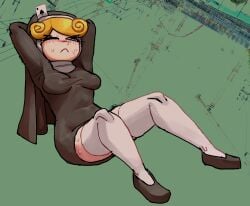 blonde_hair blue_eyes blush_lines boob_bulge christianity cleavage crunches curly_hair curly_hair_female curvy_female ennuikalart excercise glistening glistening_skin green_background light-skinned_female light_skin long_eyelashes meranda_esquire_(ennuikal) nun nun_hat nun_outfit nuns_a_blazing oc one_color_background original original_character poker_cards posing short_skirt simple_background simple_coloring simple_eyes simple_face simple_shading tagme thighhighs white_legwear yellow_hair