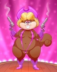 2026 4:5 anthro blonde_hair brown_body brown_fur buckteeth camel_toe clothing eastern_grey_squirrel female fur grey_squirrel gun hair hi_res lonbluewolf looking_at_viewer ma_cheeks mammal nickelodeon one-piece_swimsuit overweight overweight_anthro overweight_female ranged_weapon rodent saving_bikini_bottom:_the_sandy_cheeks_movie sciurid sling_bikini solo spongebob_squarepants squirrel swimwear teeth tree_squirrel weapon