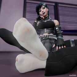 1girls 3d black_hair e-girl ear_piercing epic_games feet feet_focus foot_focus footwear fortnite fortnite:_battle_royale goth goth_girl green_eyes lip_piercing luvsoks nose_piercing piercing piercings rain_(fortnite) ripped_stockings socks sweat sweaty_feet white_socks