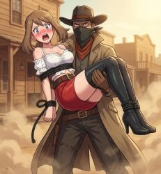 1girls 1male 2d ai_generated ankles_tied arms_tied bandit blue_eyes blush bondage brown_hair brunette_hair captured captured_heroine carrying_another carrying_person cowboy cowboy_hat female female_focus hands_tied_behind_back kidnapped kidnapped_girl kidnapping light_skin looking_at_viewer may_(pokemon) miniskirt open_mouth pokemon rope_bondage ropes tied_up tight_clothing western wild_west wrists_tied