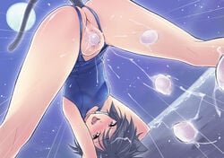 animal_ears arcana_heart blush cat_ears cat_tail censored daidouji_kira egg egg_laying eggs fur kazuita one-piece one-piece_swimsuit original pussy shaved_pussy solo spread_legs swimsuit tail tsukumo_kazuita vaginal_penetration