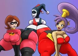 3girls ass ass_focus batman_(series) big_ass big_breasts big_butt blue_eyes bodysuit brown_eyes brown_hair butt_focus clothed clothed_female clothing curvaceous curvy curvy_figure dc_comics elastigirl fat_ass female female_focus female_only harley_quinn harley_quinn_(classic) helen_parr huge_ass huge_butt large_ass large_butt purple_hair shantae shantae_(character) skin_tight superbone the_incredibles thick_ass thick_thighs