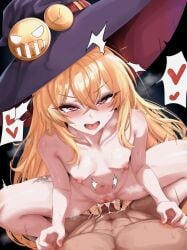 1boy absurdres artist_request blonde_hair breasts commission completely_nude cowgirl_position cum cum_in_pussy cum_overflow dungeon_and_fighter female hair_between_eyes hat heart highres long_hair looking_at_viewer navel nipple_stimulation nipple_tweak nipples nude open_mouth penis pov pussy red_eyes second-party_source sex small_breasts smile solo_focus spoken_heart straddling straight uncensored vaginal_penetration witch_hat