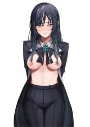 absurdres ado_(utaite) arms_behind_back black_bow black_bowtie black_coat black_hair black_pants blue_eyes blue_streaks blush bow bowtie breasts chando_(ado) clothes_lift coat commentary_request cowboy_shot cum cum_on_body cum_on_clothes cum_on_stomach ekibyoudayo facial female highres linea_alba long_hair looking_at_viewer medium_breasts mole mole_under_eye nipples open_clothes open_coat pants shirt shirt_lift simple_background solo sweat textless_version utaite white_background white_shirt