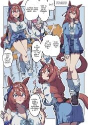 2girls animal_ears animal_tail artist_name ass ass_visible_through_clothes blue_eyes blue_nails blush bow braid breasts brown_hair cardigan cardigan_around_waist classroom comic dialogue dress_shirt ear_ornament flower flower_in_hair from_above from_behind grey_hair gyaru gyaru_gal hairband hand_on_thigh hands_up horse_ears horse_girl horse_tail large_breasts leg_warmers loafers lollipop lollipop_in_mouth long_hair looking_away maharu66 medium_breasts one_eye_closed parted_bangs pixiv_username pleated_skirt ribbon rolled_up_sleeves school_desk school_uniform schoolgirl scrunchie scrunchie_on_wrist shoes short_skirt sitting sitting_on_desk skirt speech_bubble suggestive_gesture suggestive_look super_creek_(umamusume) talking_to_viewer tamamo_cross_(umamusume) text thighs tie translated umamusume umamusume_pretty_derby white_hair window