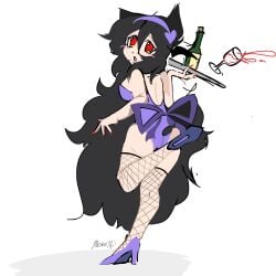 alcohol_bottle bat bat_wings batgirl bunnysuit fishnets heels oc original_character red_eyes spilled_drink wine_glass