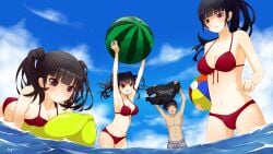 1boy 2017 3girls babymetal beach beach_ball bikini breasts cleavage female holding_shirt male moa_kikuchi ocean questionable resort safe safe_for_work sea suzuka_nakamoto swimsuit swimwear trunks water watermelon yui_mizuno