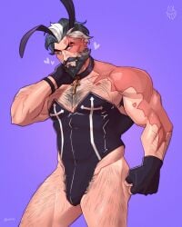 bara beard big_pecs bulge bunny_boy bunny_costume bunny_ears bunny_tail bunnysuit chest_hair christian_cross ctrlfzl daddy deadlock dilf hairy hairy_chest heart heart_symbol male male_only muscular muscular_male scar scar_across_eye scar_on_face solo venator_(deadlock)