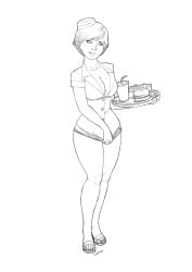 bare_legs barely_covered_crotch big_breasts black_and_white breasts burger cleavage curvaceous curvy curvy_female curvy_figure dc dc_comics embarrassed embarrassed_female female female_only fries full_body hat hawkgirl_(artist) hips huge_breasts justice_league karen_starr large_breasts legs minidress monochrome open_toe_shoes pop power_girl serving_food serving_tray short_hair soda solo solo_female thick_thighs thighs tiny_skirt toes trying_to_cover_up waitress waitress_uniform wide_hips