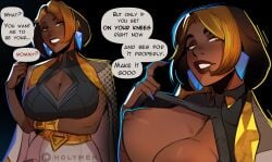 arm_under_breasts artist_logo artist_signature big_breasts boob_window breasts breasts_out dark-skinned_female domina earrings femdom fully_clothed holy_meh holymeh huge_breasts medium_hair mommy_dom mommy_kink multicolored_hair multiple_images overwatch overwatch_2 partially_clothed patreon patreon_logo patreon_username speaking_to_viewer speech_bubble watermark