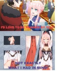 anime_screenshot bondage dripping_wet edited_official_artwork egg_vibrator joke kaga_mi loop_7-kaime_no_akuyaku_reijou_wa_moto_tekikoku_de_jiyuu_kimama_na_hanayome_seikatsu_wo_mankitsu_suru misunderstanding rishe_imgard_weitzner shionne_(tales) third-party_source wooden_horse