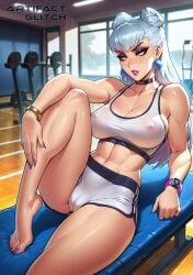 abs ai_generated artifactglitch big_breasts bracelet breasts chocker earrings evelynn evelynn_(league_of_legends) feet gym gym_uniform hairbun k/da_all_out_evelynn k/da_all_out_series k/da_series league_of_legends leg_up legs lipstick long_hair looking_to_the_side makeup nipples nipples_visible_through_clothing posing purple_nails purple_toenails riot_games sharp_nails shorts sports_bra tight_clothing tiptoes watermark white_hair yellow_eyes
