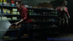 1futa 1girls 3d blender brown_hair brunobwh claire_redfield cleavage clothed_female clothed_futanari convenience_store female futa_with_female futanari huge_breasts oblivious penis_out ponytail red_eyes resident_evil resident_evil_2 self_upload size_difference stalking tall_futa unaware zombie zombie_girl