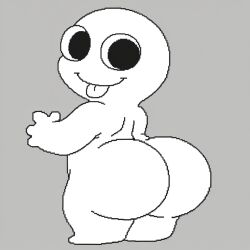 1boy ai_generated ass ballsack_(rancecascho) big_ass black_eyes from_behind grey_background looking_at_viewer looking_back male male_only shortstack smile solo solo_focus tongue tongue_out white_body