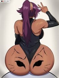 1girls ass bare_shoulders big_breasts black_leotard bleach body_paint breasts dark-skinned_female dark_skin detached_sleeves female female_only from_behind huge_ass large_breasts leotard long_hair ponytail purple_hair shihouin_yoruichi sitting solo v_sign wide_hips za_barro