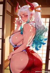ahoge ai_generated ass balecxi breasts curled_horns female female_only green_hair hair_ornament hair_stick hakama hip_vent hoop_earrings indoors japanese_clothes jewelry long_hair looking_at_viewer looking_back multicolored_hair multicolored_horns naughty_face ok_sign one_piece oni patreon_username red_eyes red_horns seductive_smile sideboob sleeveless sleeveless_kimono solo web_address white_hair yamato_(one_piece) yellow_horns